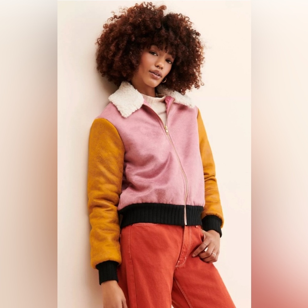 ANTHROPOLOGIE HUTCH FAUX SUEDE COLORBLOCK BOMBER Jacket SIZE SMALL